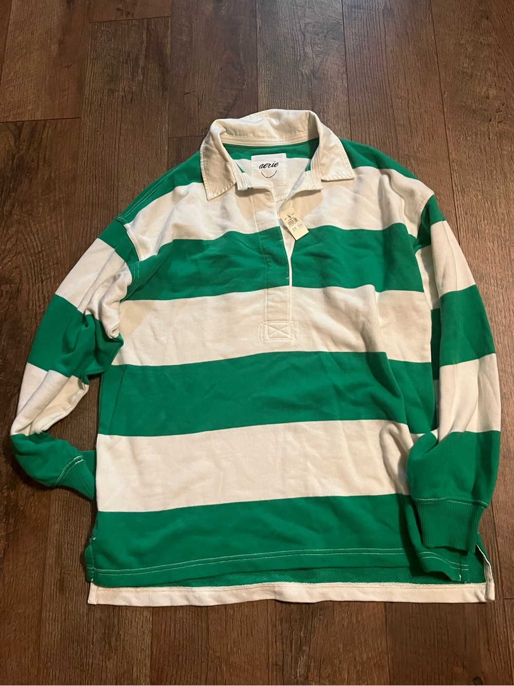 Aerie women’s Green & White Striped Rugby Shirt XS oversized fit NWT